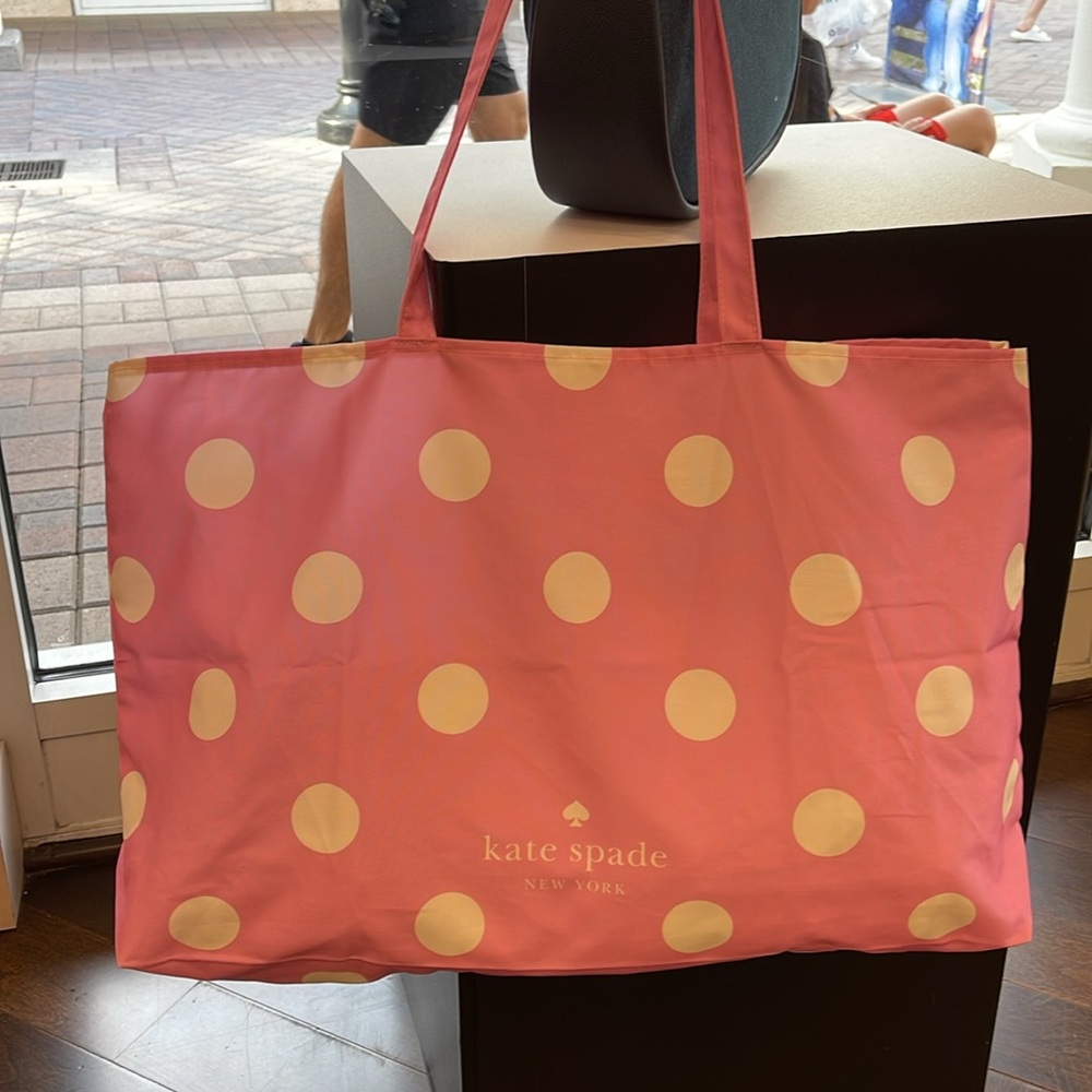 Kate Spade Soft Pink-White Polka Dots Canvas Tote XL Reusable Shopping Beach Bag - Picture 12 of 16